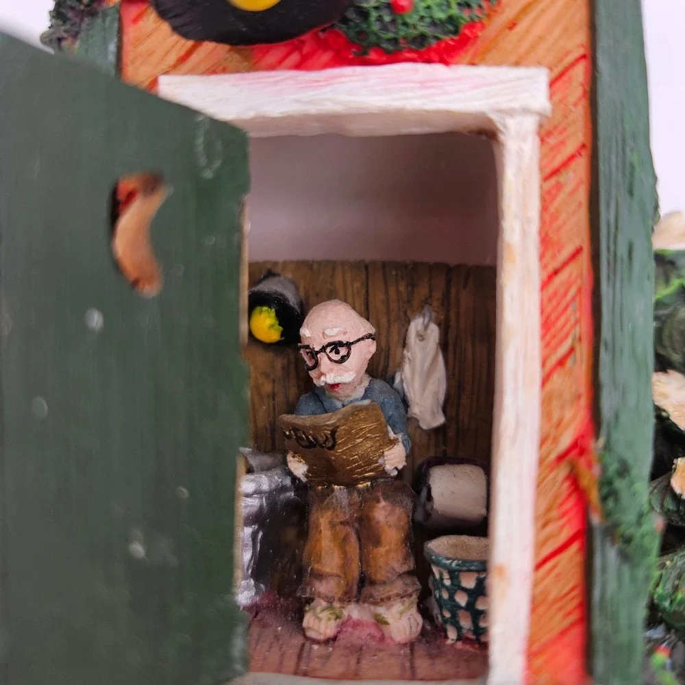 Vintage Christmas Outhouse Scene Miniature‎ Figurine Old Man Reading Newspaper